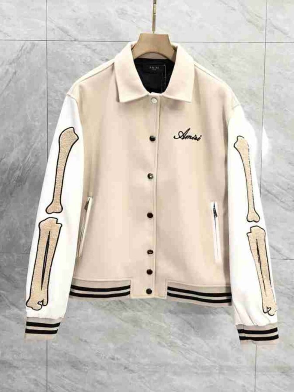 Amiri Bone Skeleton Chenille Sleeve Varsity Jacket Beige Wool Leather Collared C